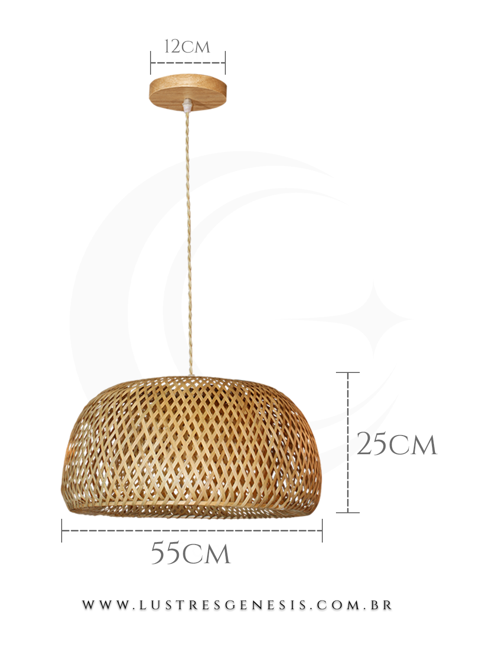 Pendente artesanal Sumatra de 55 cm de diâmetro, feito em palha natural, ideal para balcão de cozinha ou área gourmet.